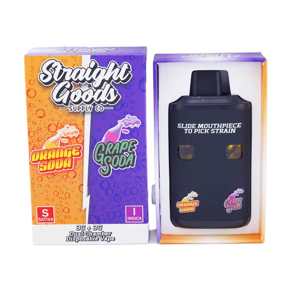 U553A1-ORANGESODAGRAPESODA-DUALCHAMPERDISPOSABLEPENS Straight Goods Dual Chamber Vape – 3g + 3g - Orange Soda x Grape Soda - 6 Gram THC - Image 1