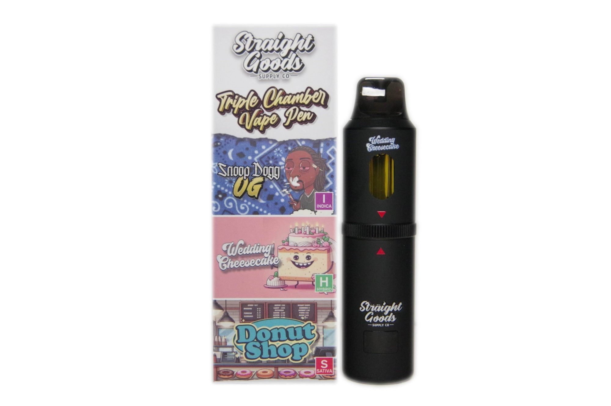 1-21 Straight Goods Triple Chamber Vape – 9 Grams THC – Snoop Dogg OG x Wedding Cheesecake x Donut Shop - Image 1