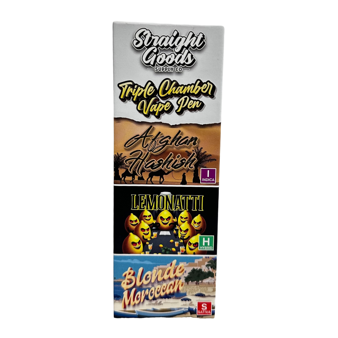 1b87a154-c7e3-4a28-90fb-37920e34d41f Straight Goods Triple Chamber Vape – 3g + 3g + 3g – Afghan Hashish x Lemonatti x Blonde Moroccan – 9 Gram THC - Image 1