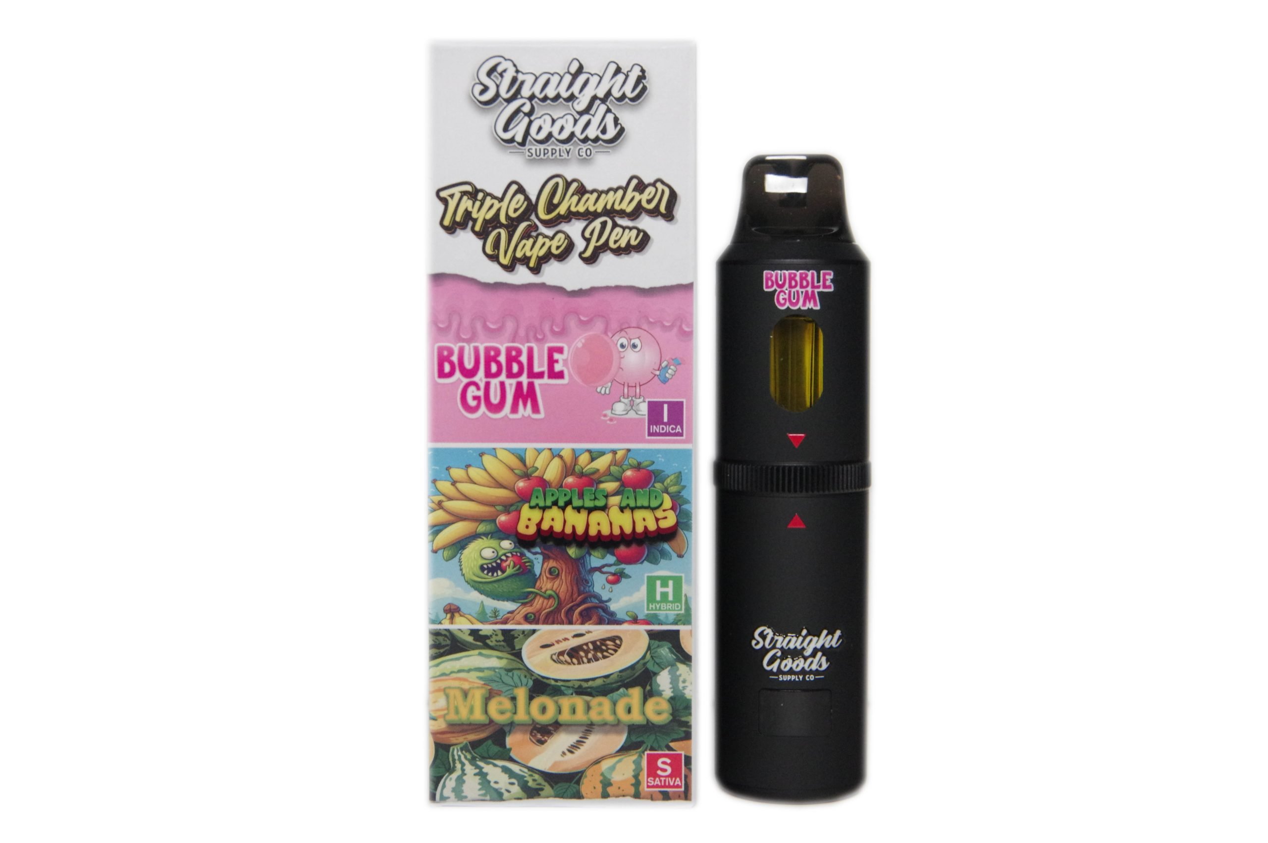 bubble-apple-melonade-front-scaled-1 Straight Goods Triple Chamber Vape – 3g + 3g + 3g – Bubble Gum x Apple & Banana x Melonade – 9 Gram THC - Image 1