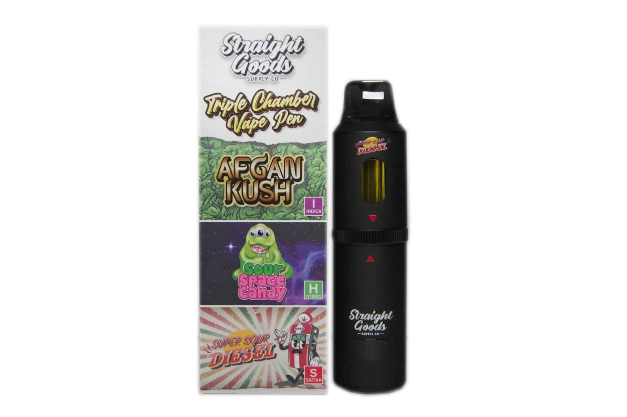 1-26 Straight Goods Triple Chamber Vape – 9 Grams THC – Afghan Kush x Sour Space Candy x Super Sour Diesel - Image 1