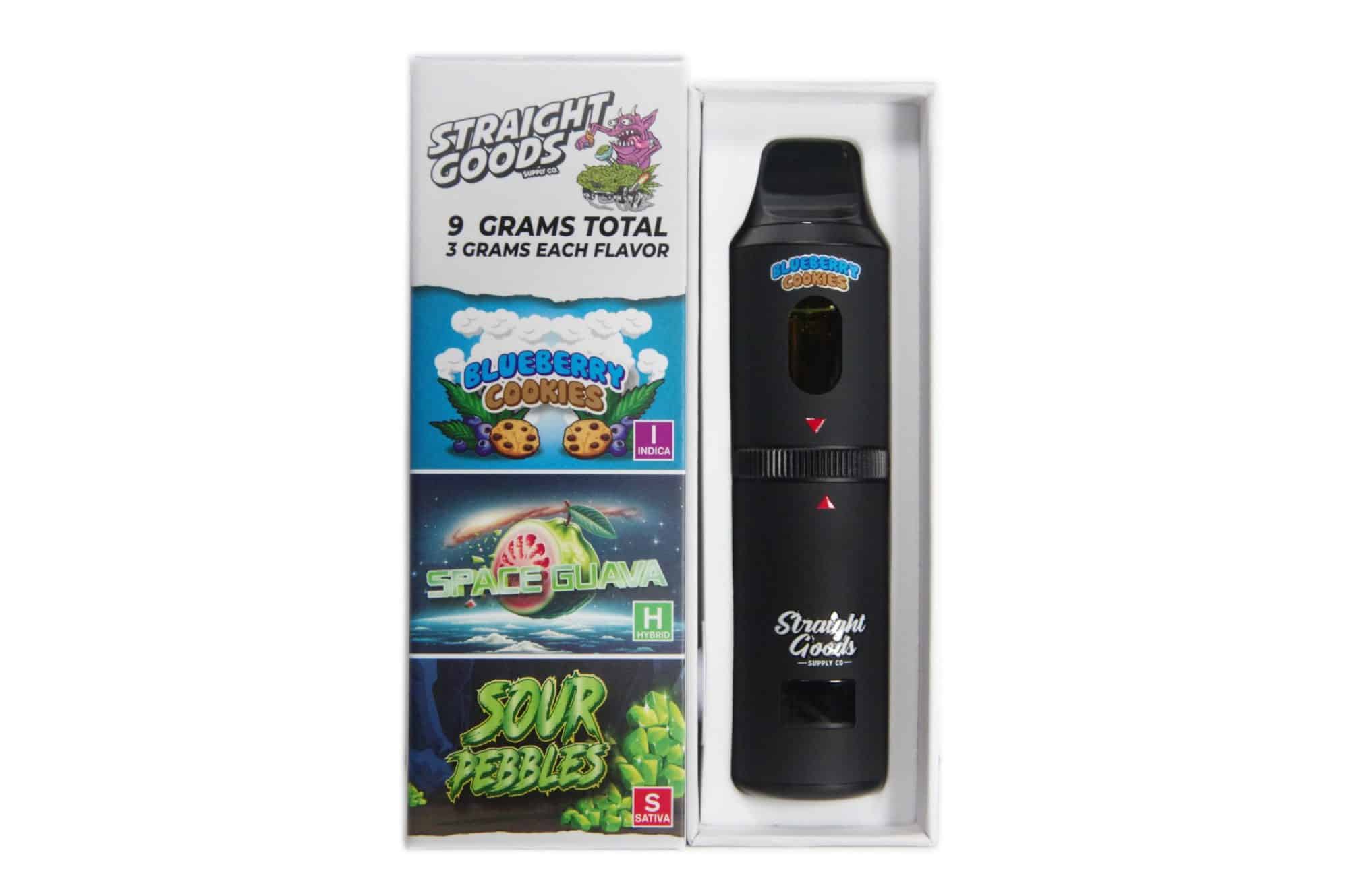 1-8 Straight Goods Triple Chamber Vape – 9 Grams THC – Blueberry Cookies x Space Guava x Sour Pebbles - Image 1