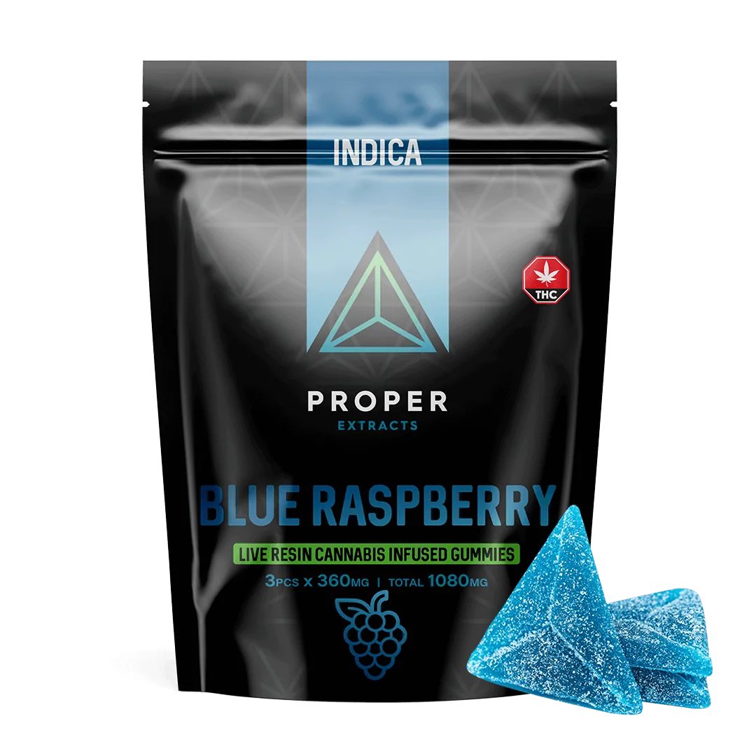 Proper-Extracts-Live-Resin-Cannabis-Gummis-Blue-Raspberry-1080mg-THC-Bag-With-Gummy Proper Triangles 1080 mg Live Resin Gummies - Indica - Blue Raspberry - Image 1