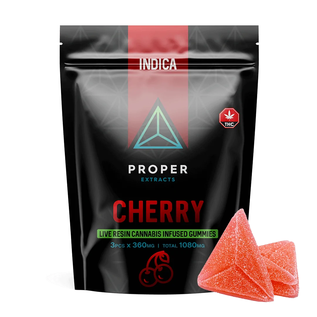 Proper-Extracts-Live-Resin-Cannabis-Gummis-Cherry-1080mg-THC-Bag-With-Gummy (1) Proper Triangles 1080 mg Live Resin Gummies - Indica - Cherry - Image 1