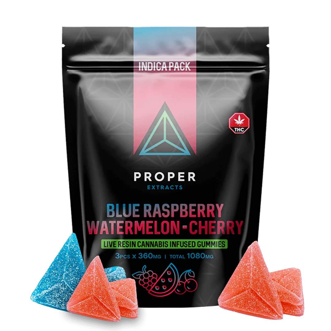 buy proper live resin gummies online canada Proper Triangles 1080 mg Live Resin Gummies - Indica Pack - Image 1