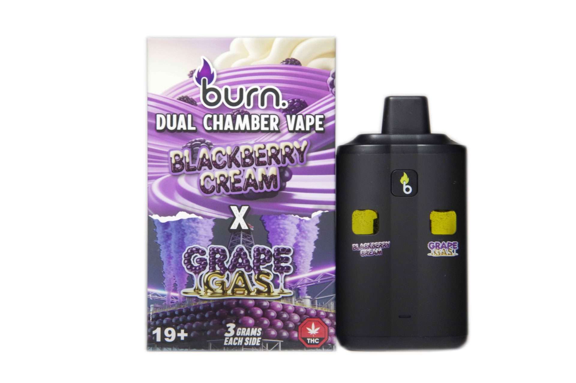 blackberry-x-grape-front-scaled Burn Dual Chamber Vape – 3g + 3g - Blackberry Cream x Grape Gas - 6 Gram THC - Image 1