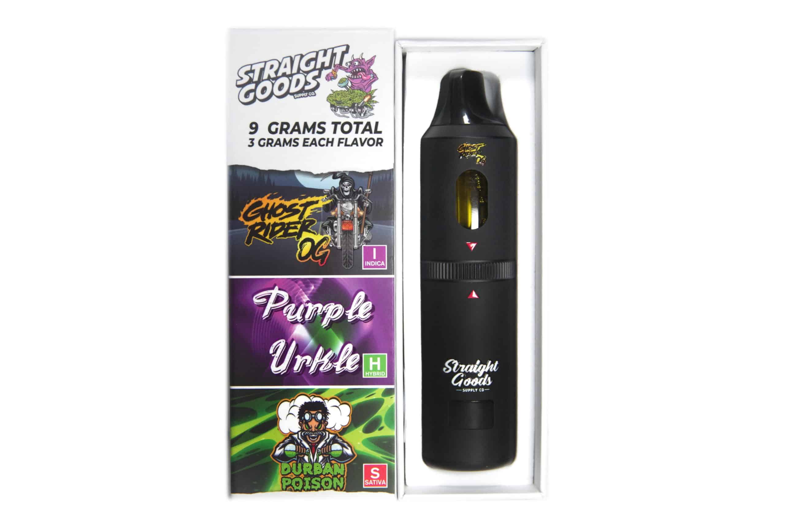 ghost-rider-front-scaled-1 Straight Goods Triple Chamber Vape – 9 Grams THC – Ghost Rider OG x Purple Urkle x Durban Poison - Image 1