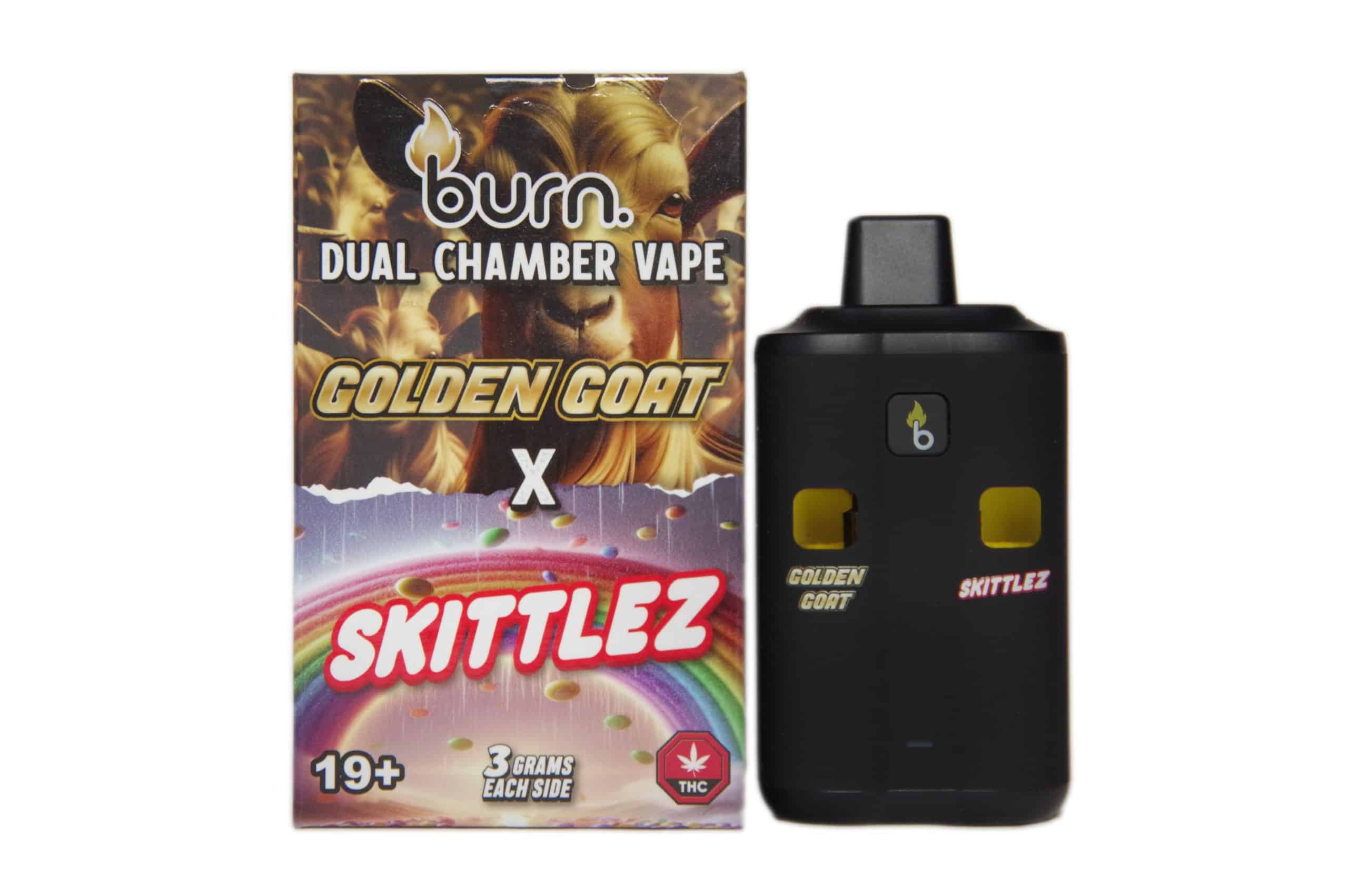 golden-goat-skittlez-front-scaled-1 Burn Dual Chamber Vape – 3g + 3g - Golden Goat x Skittles - 6 Gram THC - Image 1