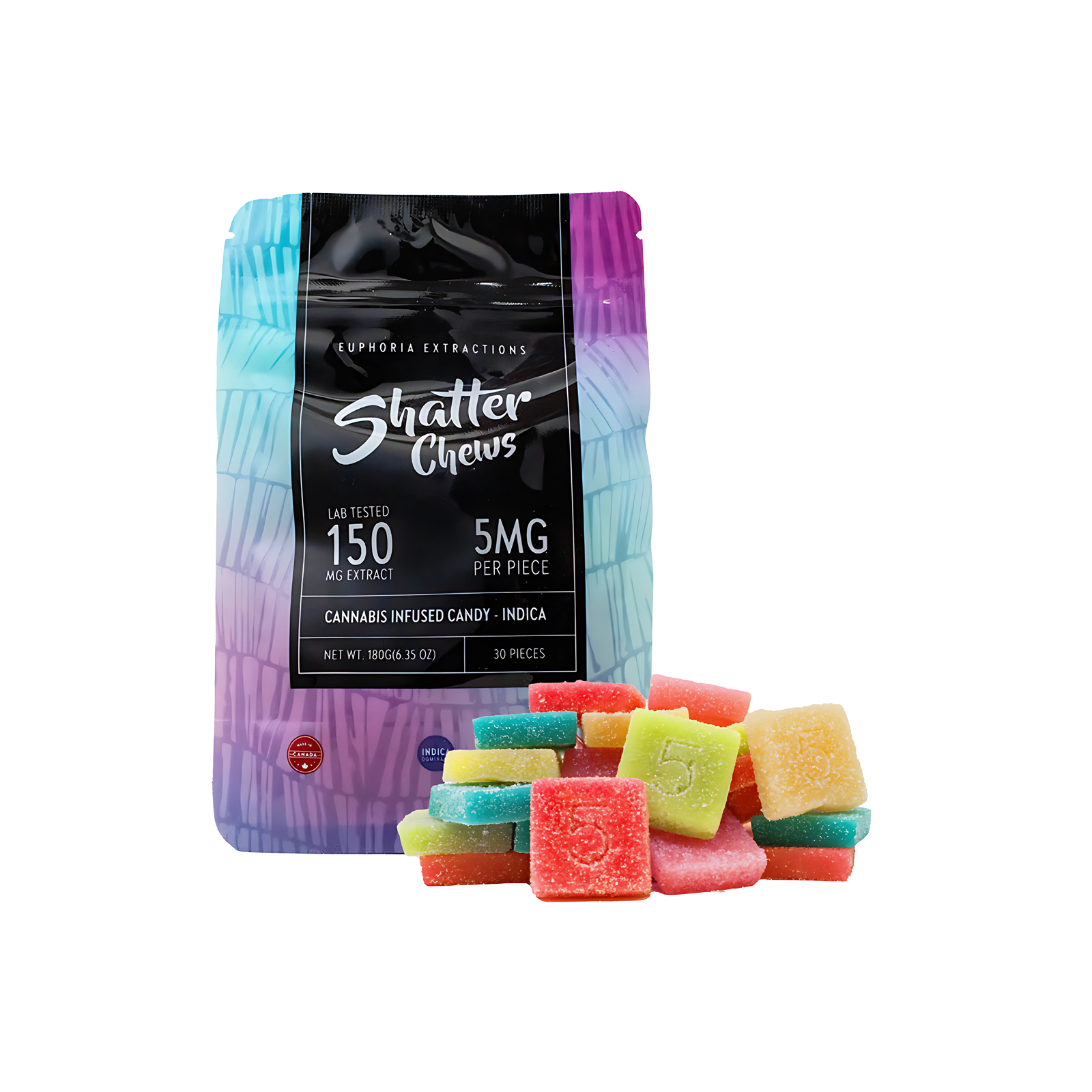 shatter-chews-indica Euphoria Extractions Shatter Chews- 150mg - Indica - Image 1